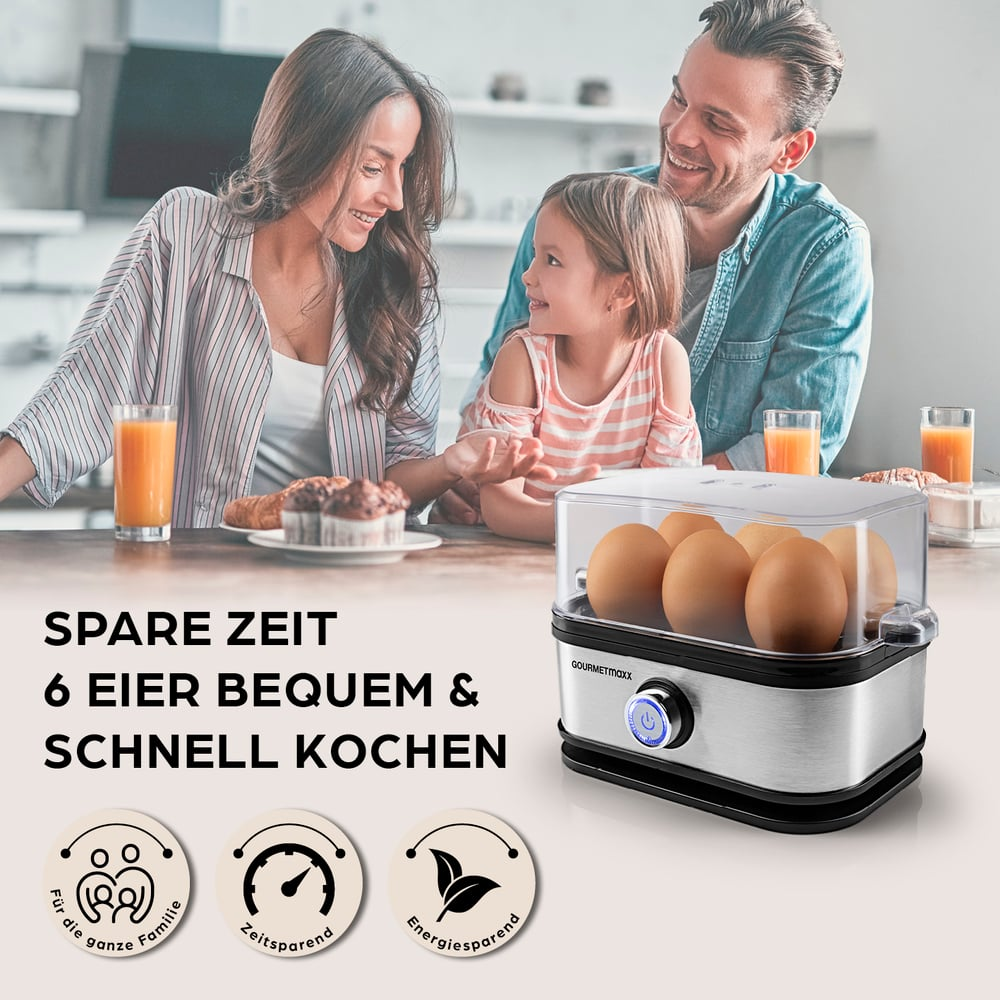 Eine Familie lächelt in der Nähe eines Eierkochers. Der Kocher hat Eier im Inneren. Text sagt "Spare Zeit, 6 Eier, schnell kochen". Getränke und Gebäck sind auf dem Tisch.