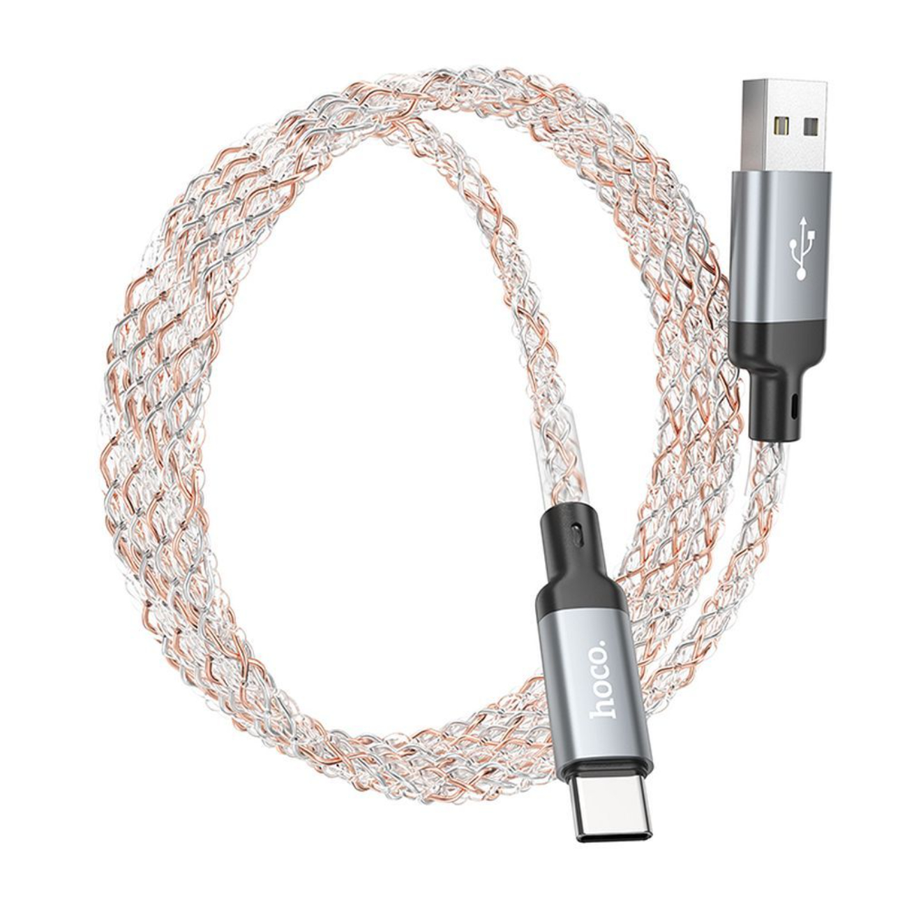 Cavo USB-C a USB-A intrecciato. Fili argentati e ramati in una guaina trasparente. Connettore USB-A in alto, USB-C in basso.