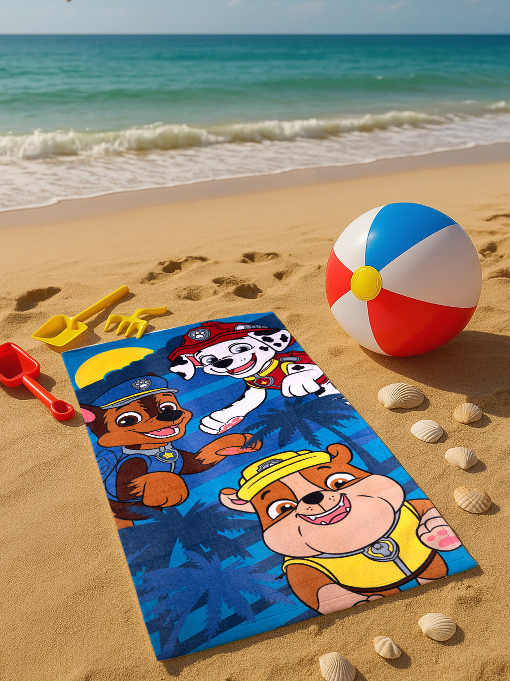 Strandszene mit Paw Patrol-Handtuch, Strandball und Spielzeug im Sand. Das Meer ist im Hintergrund.