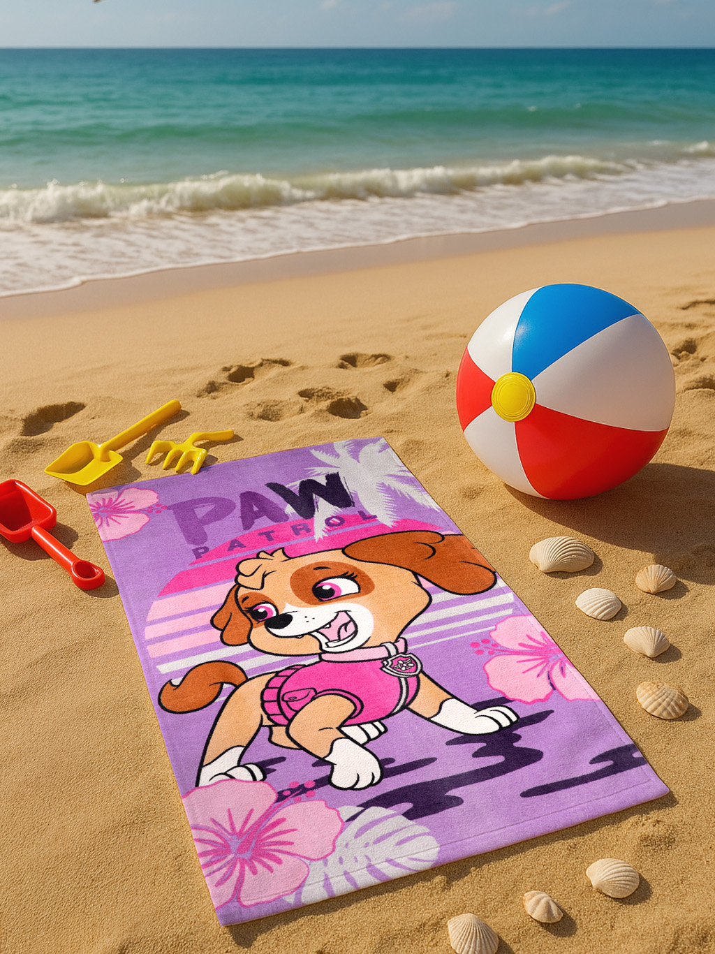 Strandszene mit Paw Patrol-Handtuch, Strandball, Muscheln und Spielzeug. Ozean und Sand im Hintergrund unter blauem Himmel.