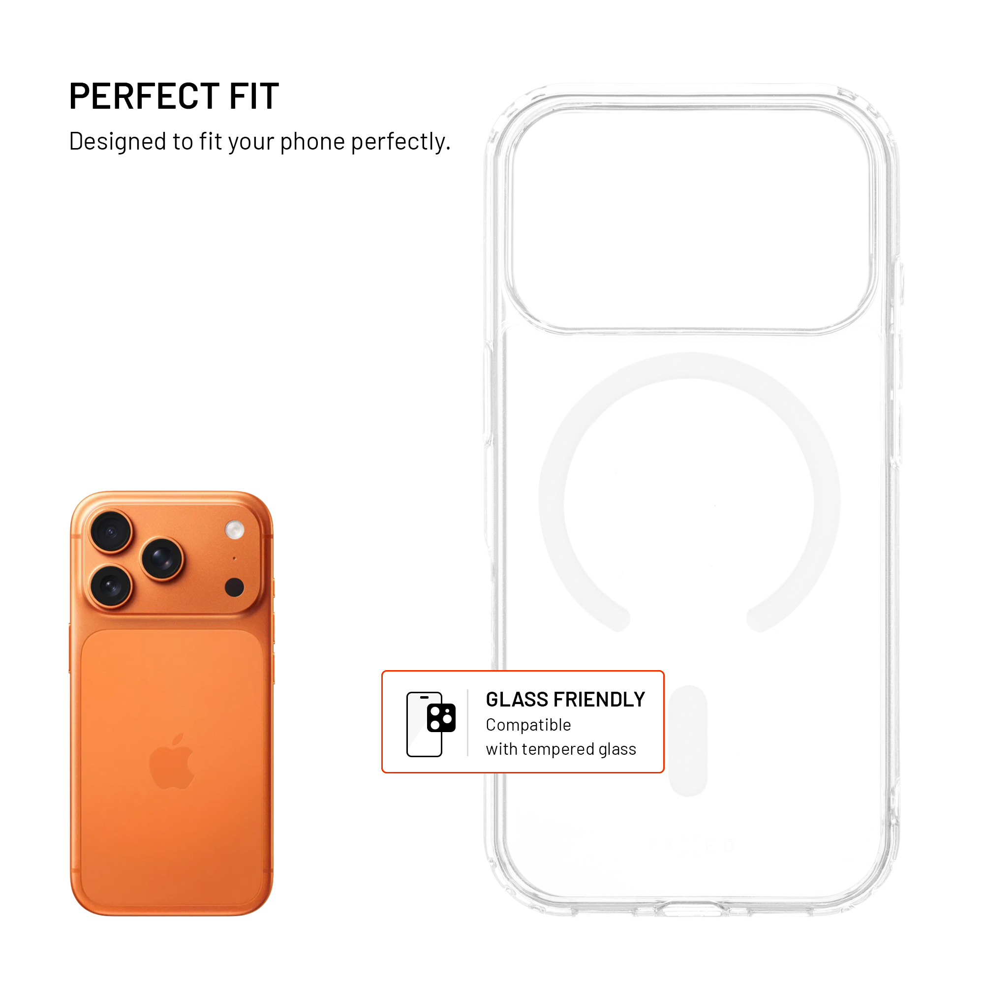 Eine orangefarbene Handyhülle und ein orangefarbenes Telefon mit mehreren Kameras sind abgebildet. Rechts ist eine durchsichtige Handyhülle.