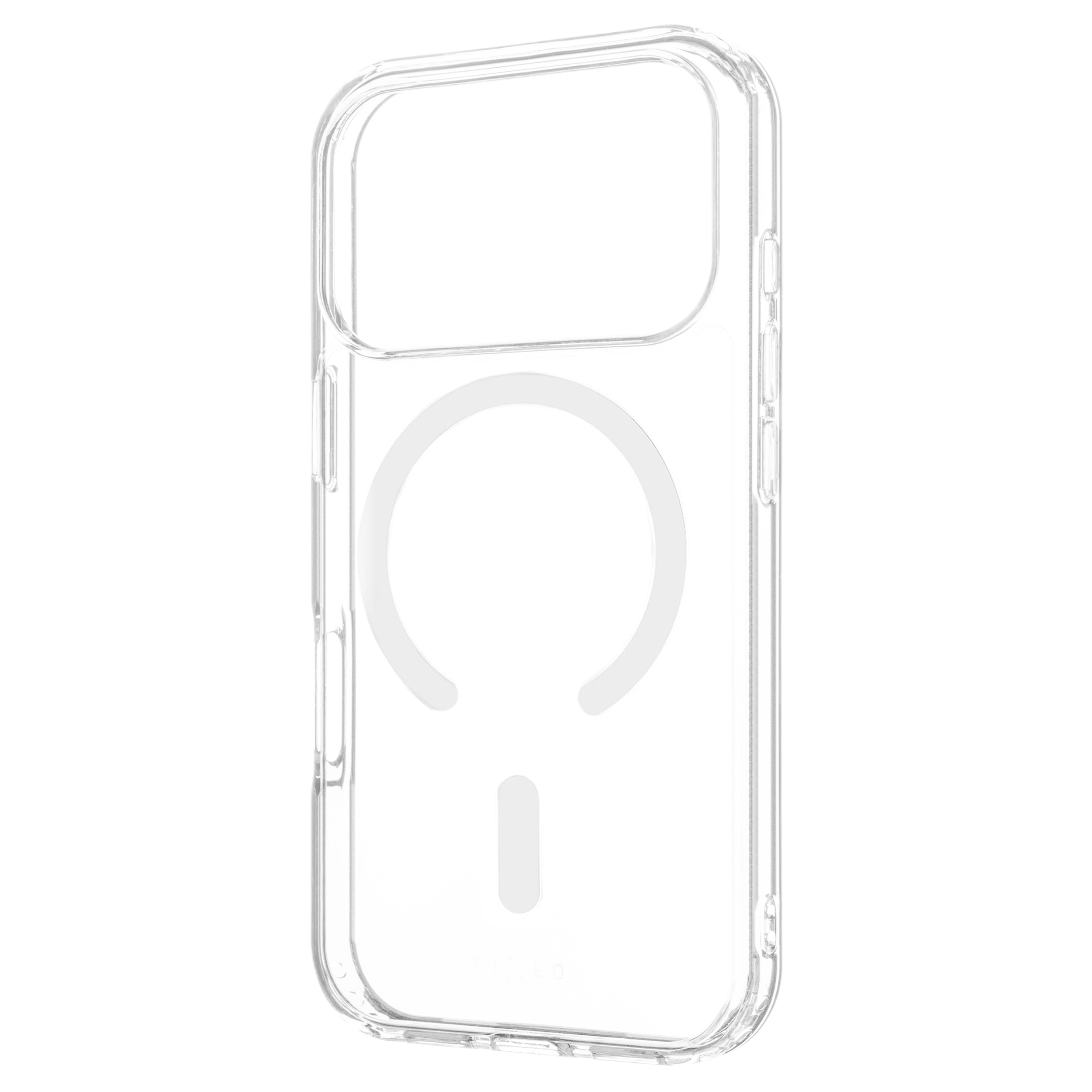 Eine transparente iPhone-Hülle wird vor einem weißen Hintergrund angezeigt. Sie hat einen kreisförmigen Ausschnitt in der Mitte.