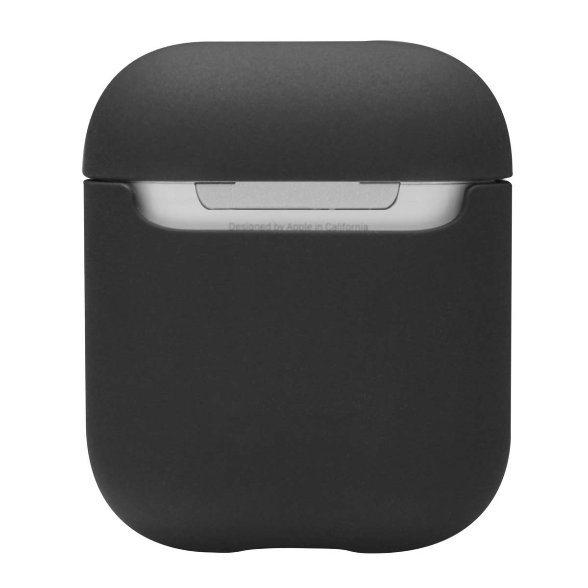 Una funda negra para auriculares. La funda está cerrada con una parte superior redondeada. El interior es blanco con el texto 'Designed by Apple in California'.