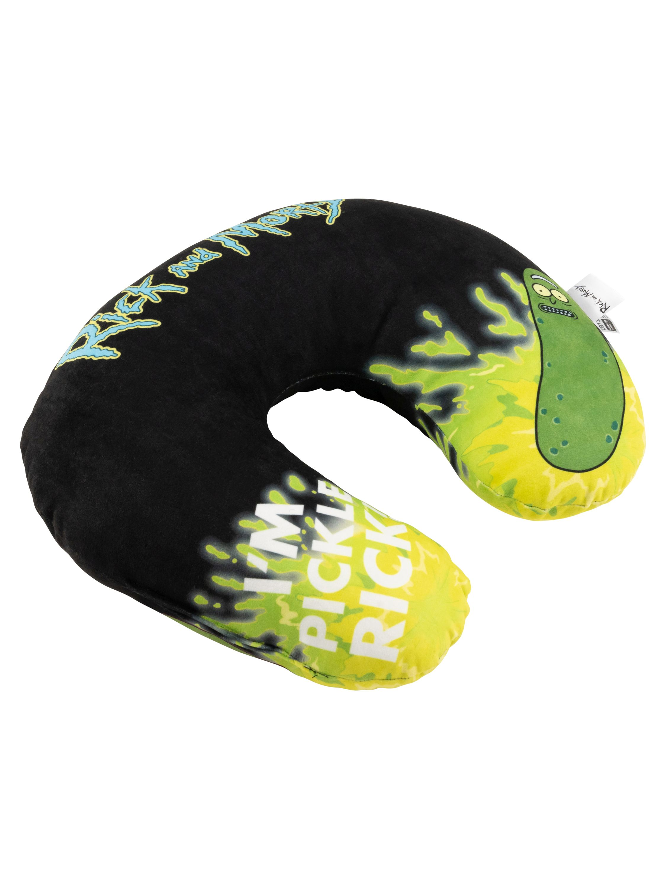 Nackenkissen in U-Form. Schwarz mit Pickle Rick-Grafik. Text: "I'M PICKLE RICK".