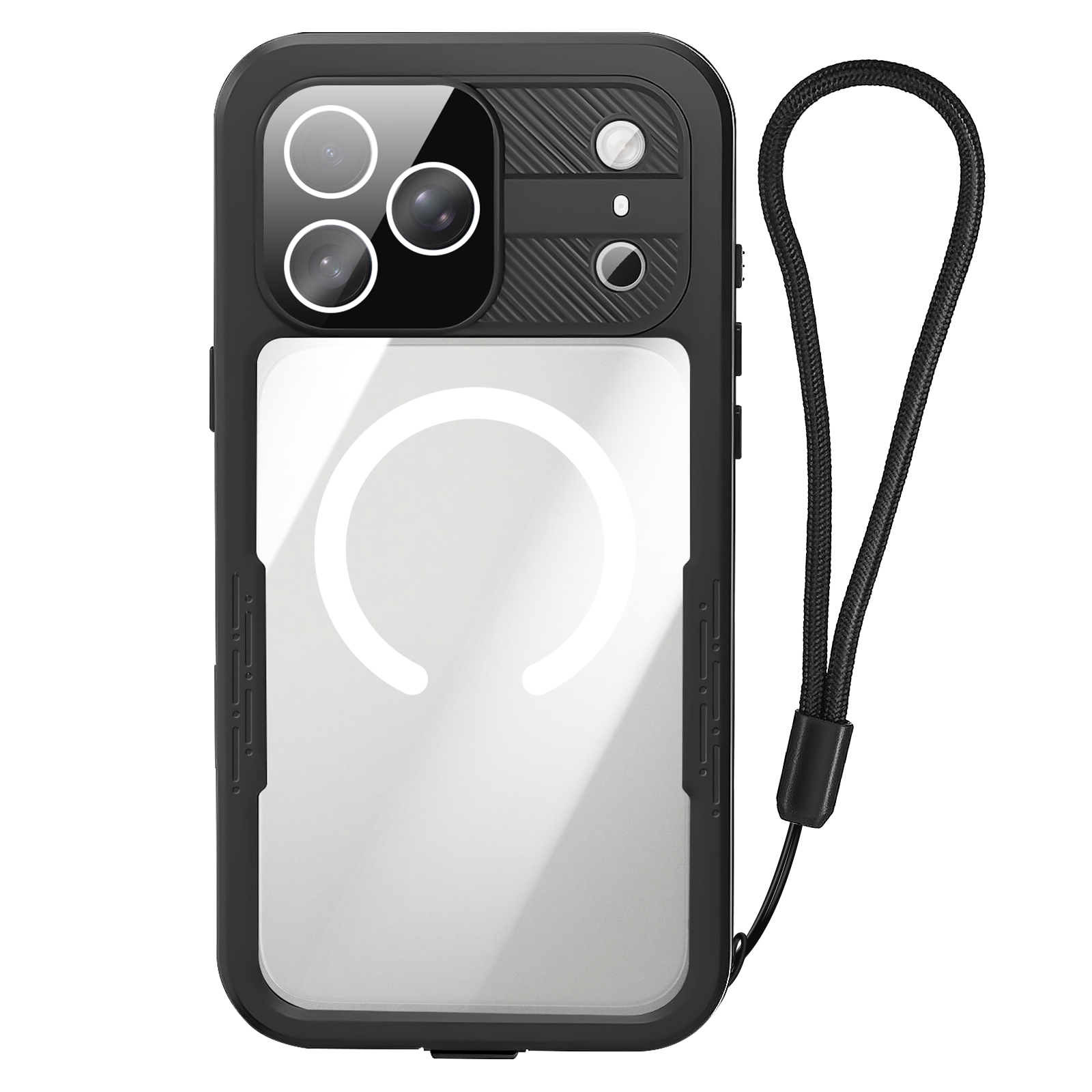 Zwarte telefoonhoes met cameralenzen, witte cirkel en zwarte band op witte achtergrond.
