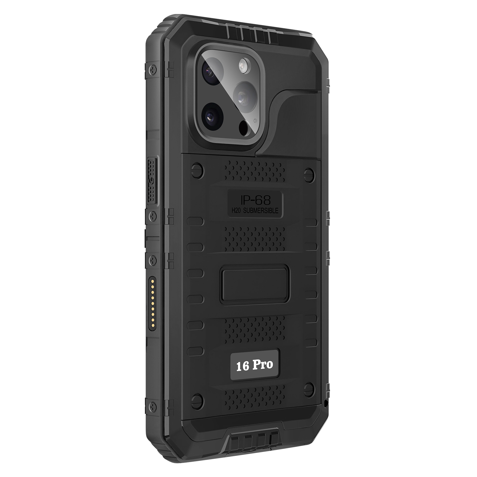 Custodia nera per iPhone 16 Pro. Robusta, protezione fotocamera e certificazione IP-68.