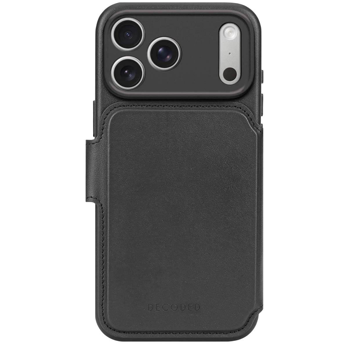 Custodia nera per telefono con fori per fotocamera e fessura per schede. La parola "DECODED" è in basso.
