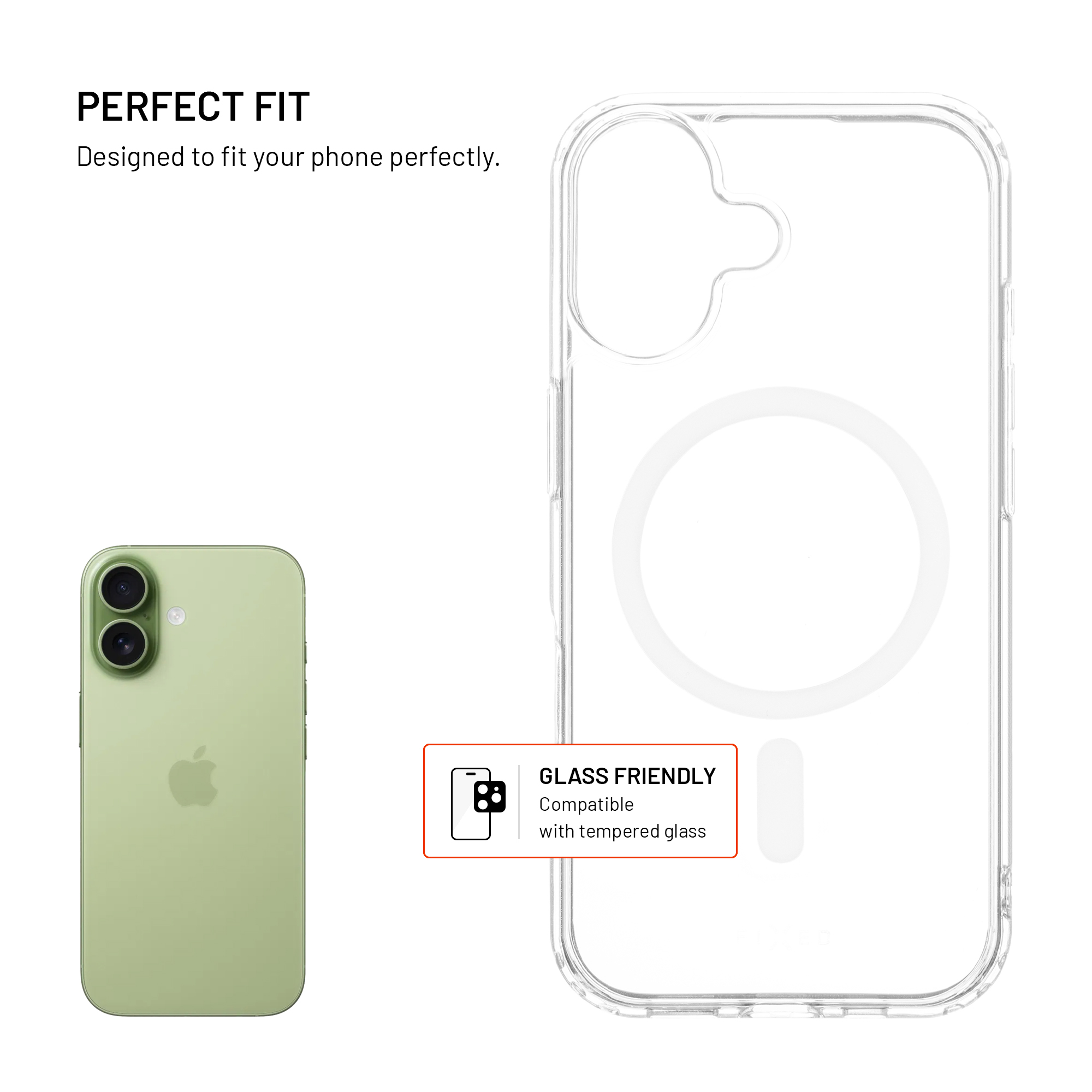 Das Bild zeigt ein grünes Telefon und eine transparente Handyhülle. Der Text lautet 'Perfect fit' und 'Glass friendly'.