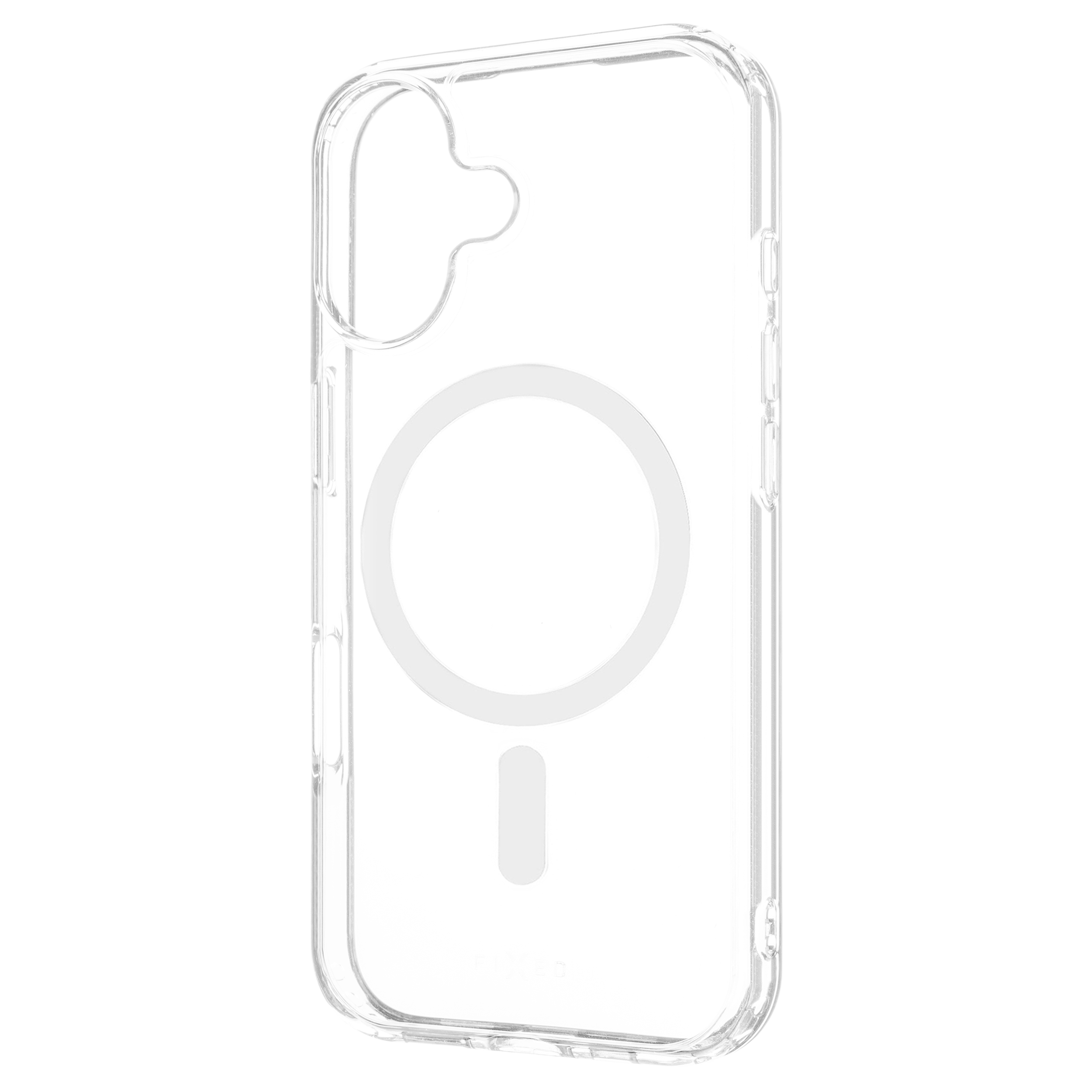 Eine transparente Handyhülle. Auf der Rückseite befinden sich ein Kreis und ein langes Rechteck.