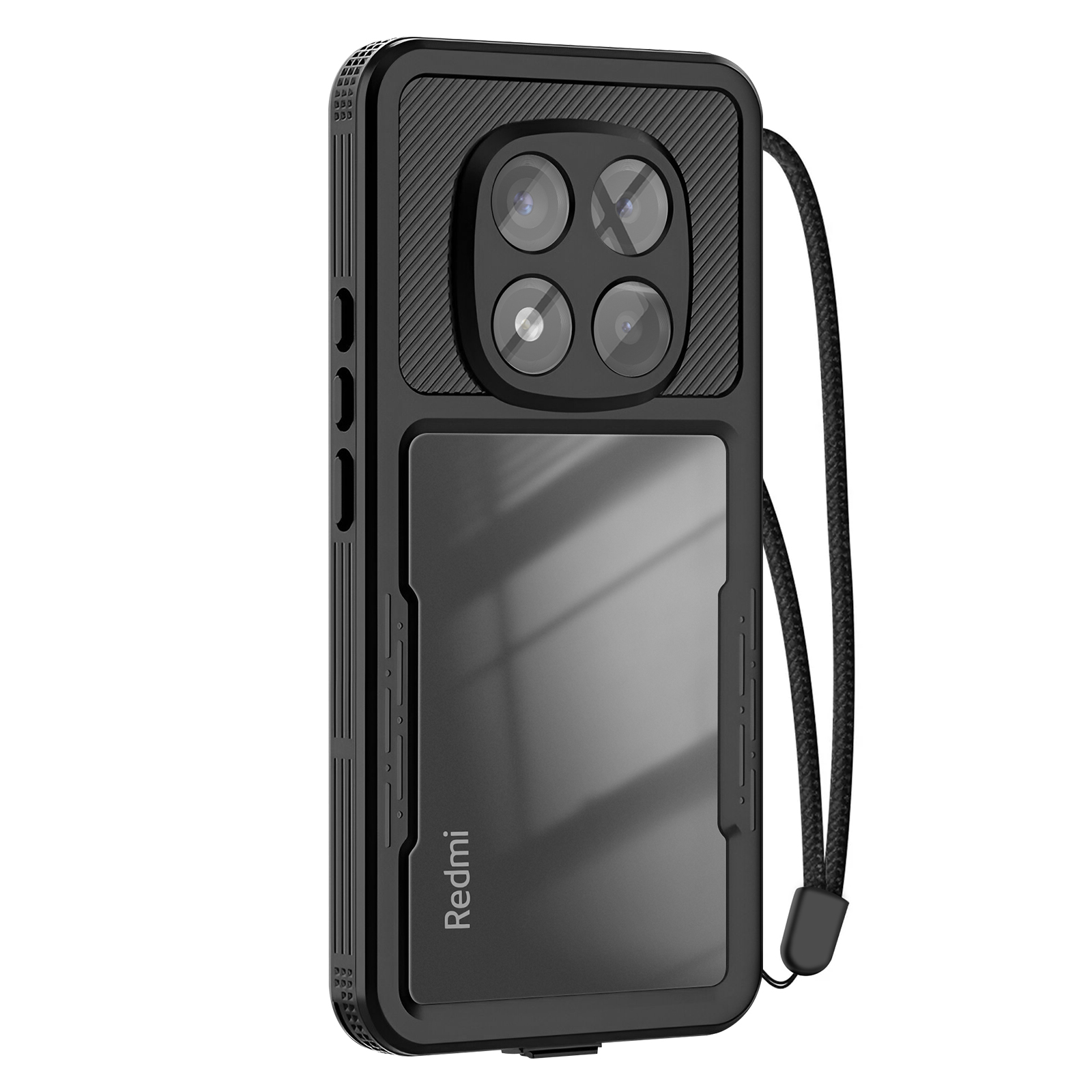 Custodia nera per telefono con quattro lenti per fotocamera, uno slot per schede e un cordino. Visibile il logo Redmi.