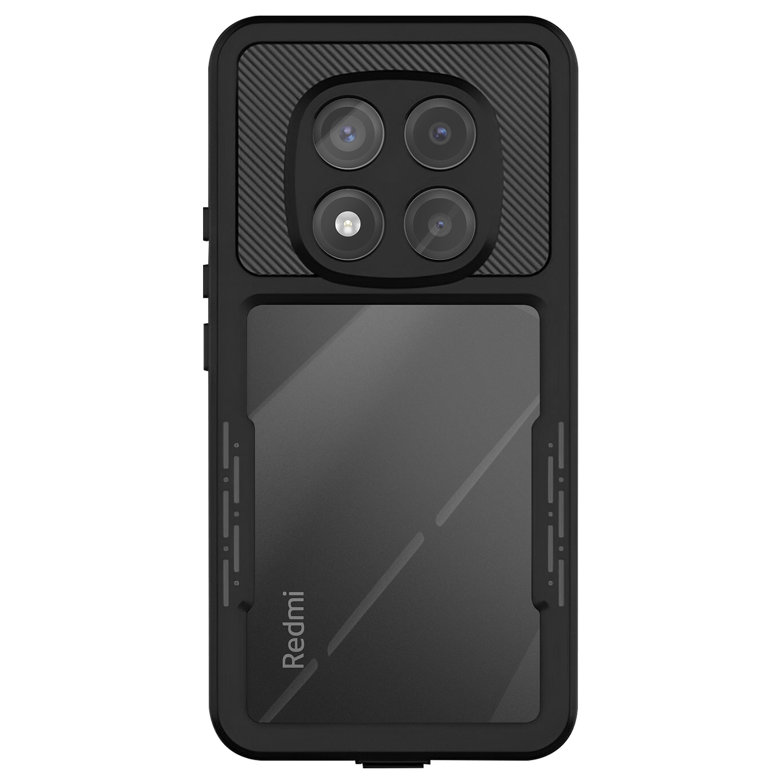 Custodia nera per telefono con quattro obiettivi e protezione schermo trasparente. Logo Redmi in basso.
