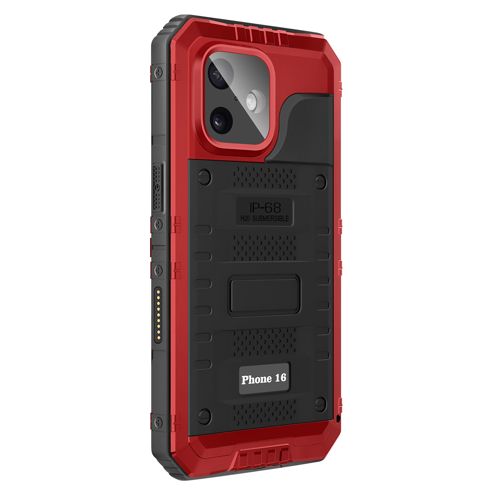 Un étui de téléphone rouge et noir avec une découpe pour l'appareil photo et le texte IP-68 H20 Submersible, Phone 16.