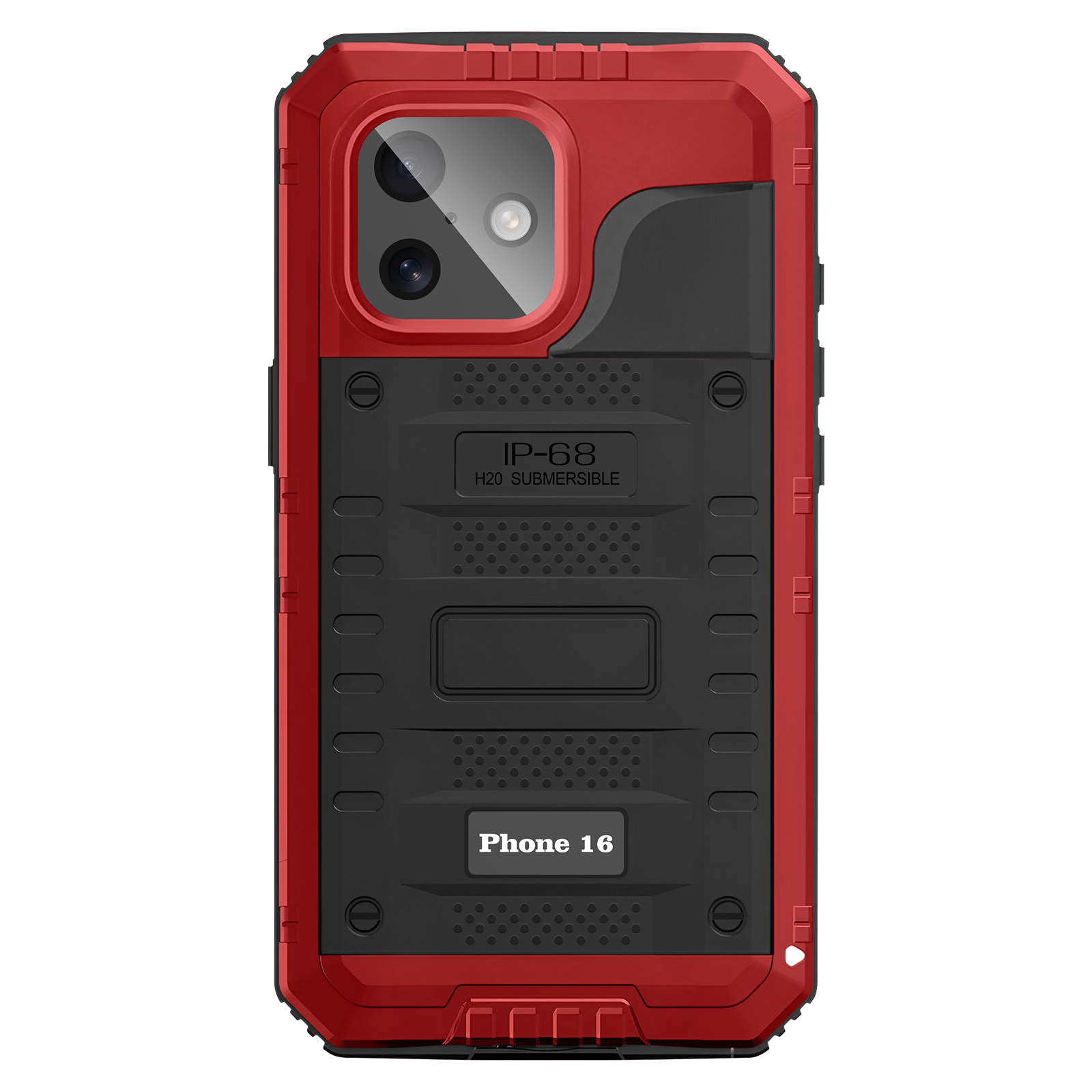Coque de téléphone rouge et noire. Avec double caméra, indice IP-68 et texte Phone 16.