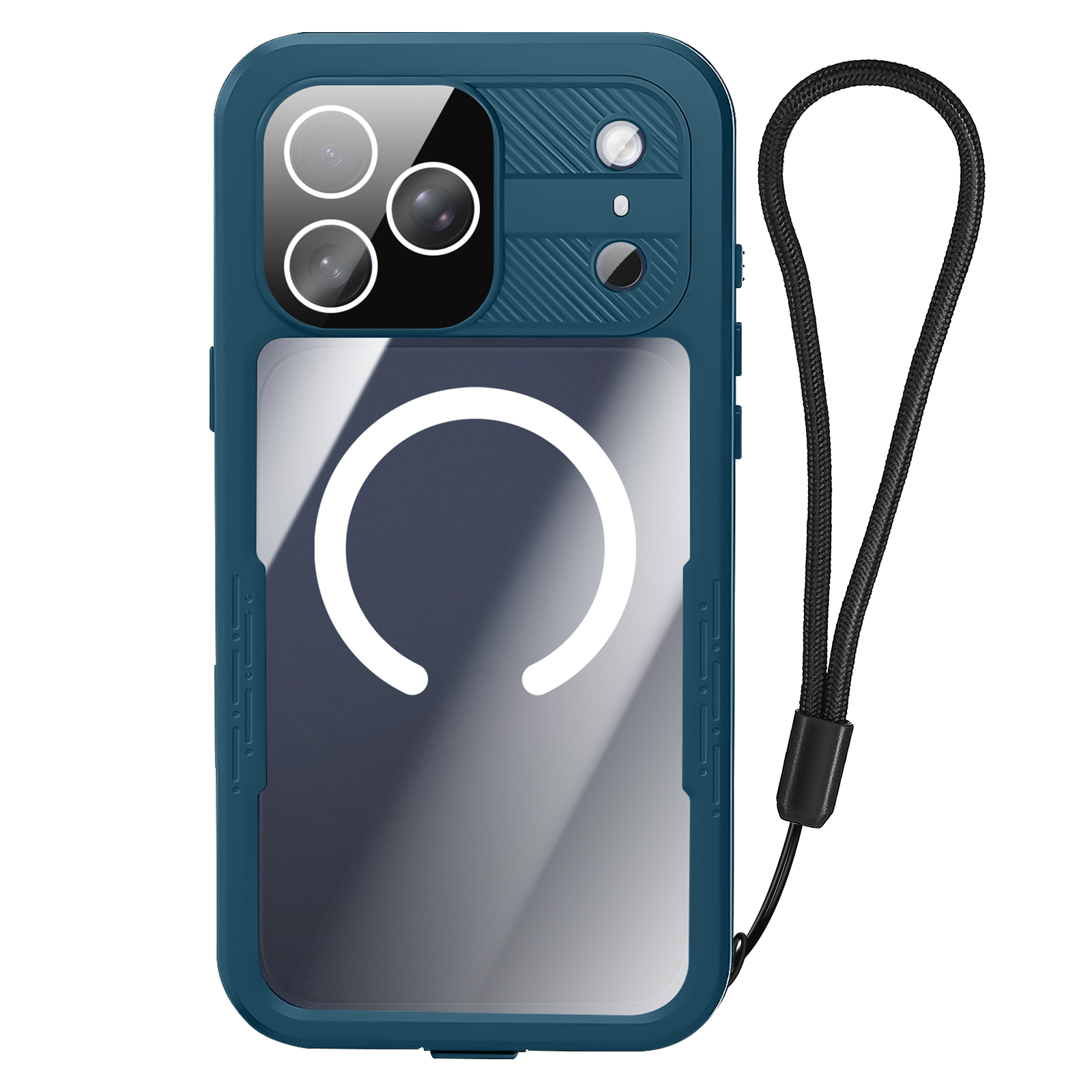 Coque de téléphone sarcelle avec une lanière noire. La coque a un dos transparent avec un anneau blanc.