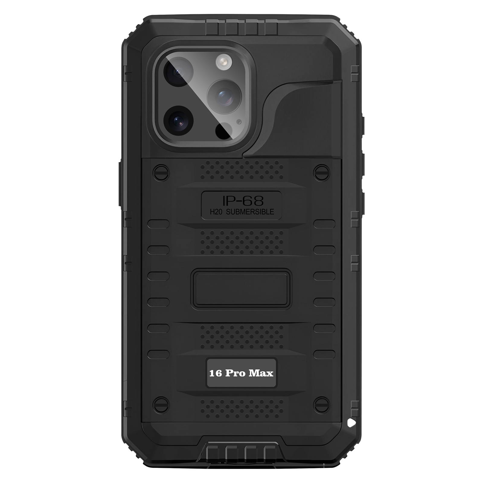 Funda negra para teléfono. Tiene orificios para la cámara, texto 'IP-68 H20 SUBMERSIBLE' y '16 Pro Max'.