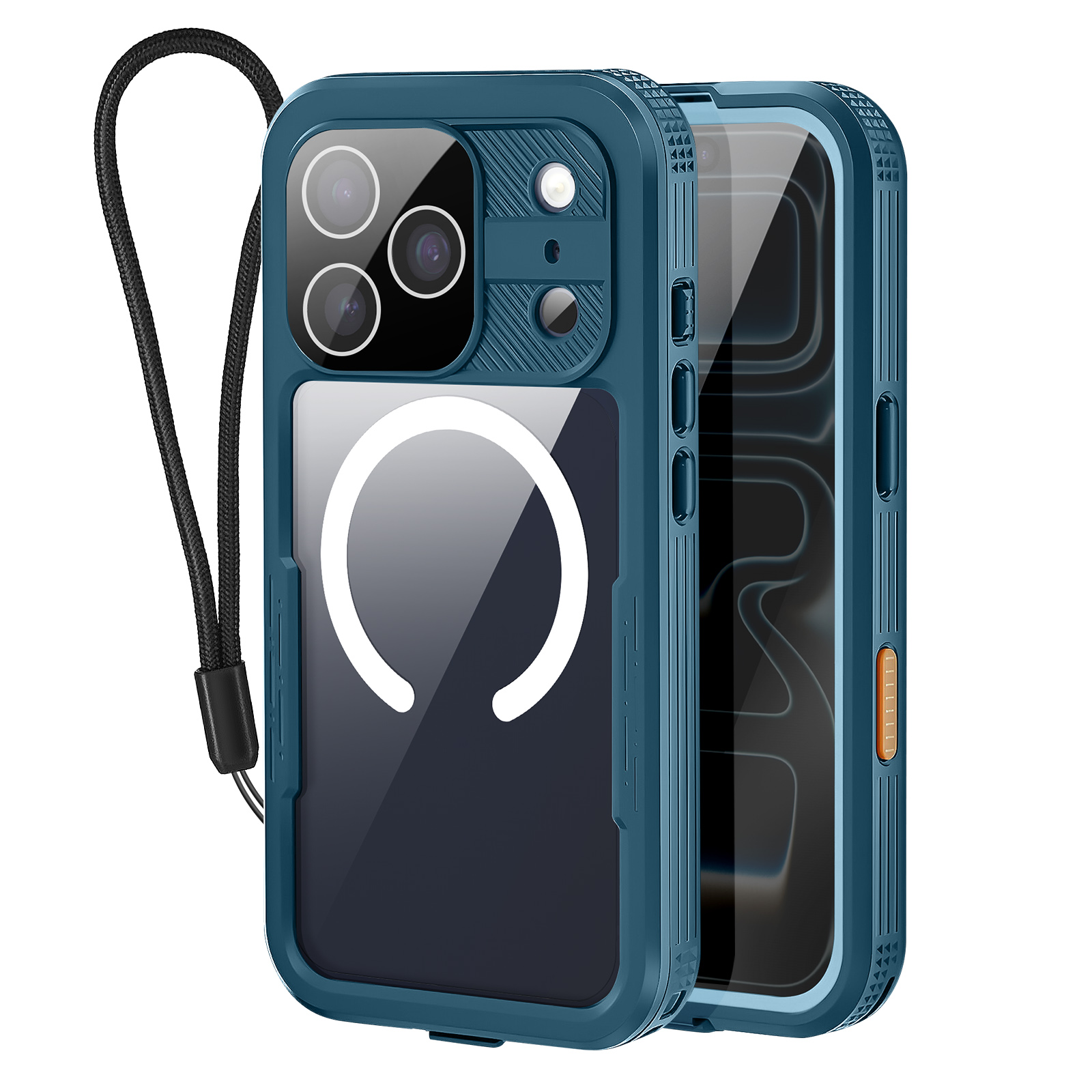 Une coque de téléphone bleu canard avec un cordon noir. Elle a trois objectifs et un motif circulaire blanc.