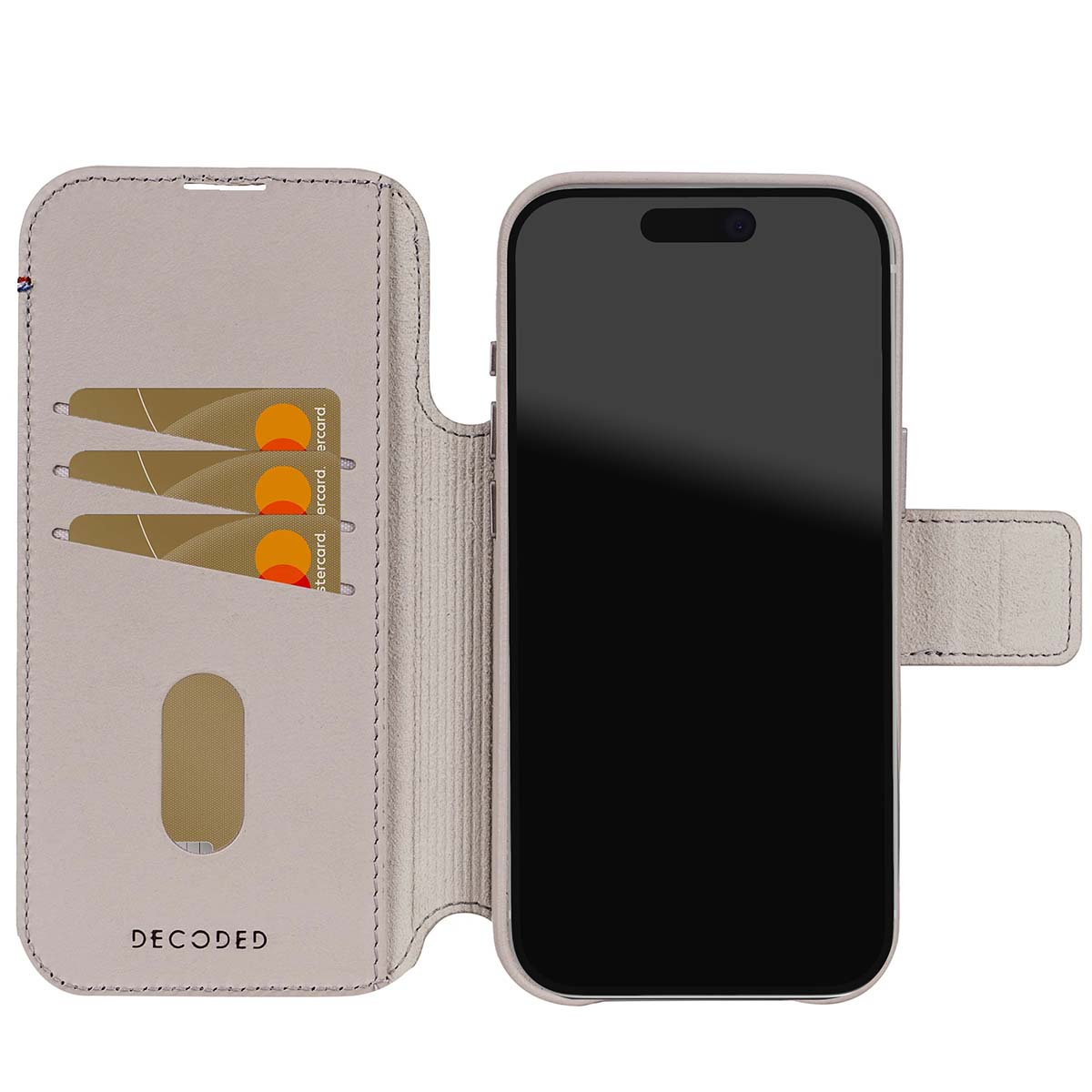 Custodia per telefono aperta con telefono e slot per schede. Contiene 3 carte di credito, telefono con schermo nero e la parola DECODED.