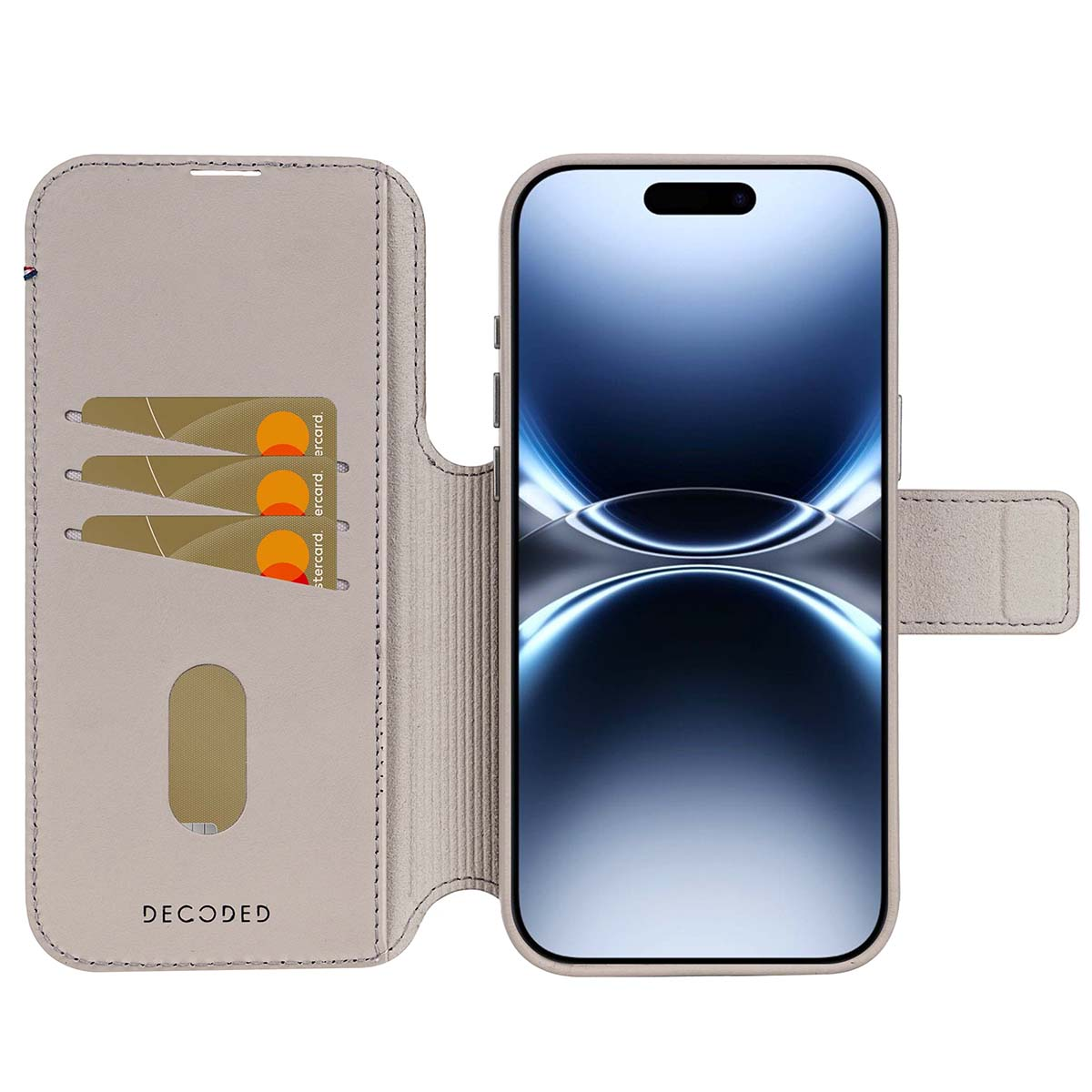 Ein hellgraues Handy-Etui mit Telefon. Das Etui hat Kartenfächer. Das Telefon hat einen blauen und weißen Bildschirm.
