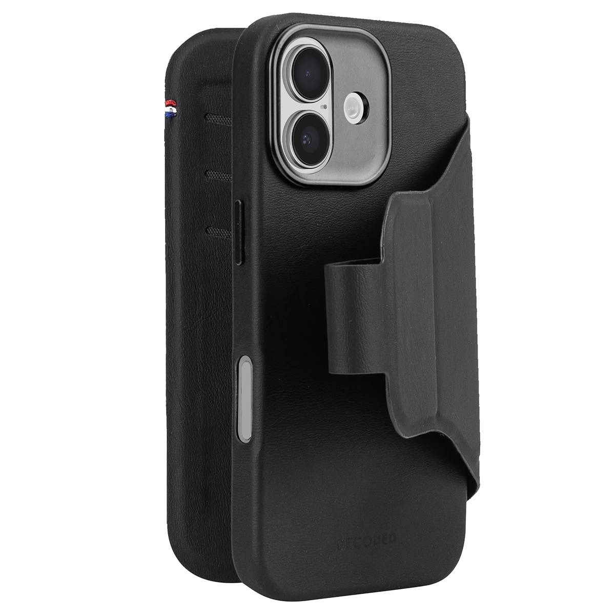 Schwarze Handyhülle mit Kameraausschnitten und einem Gürtelclip. Die Hülle befindet sich auf weißem Untergrund und hat ein Premium-Design.