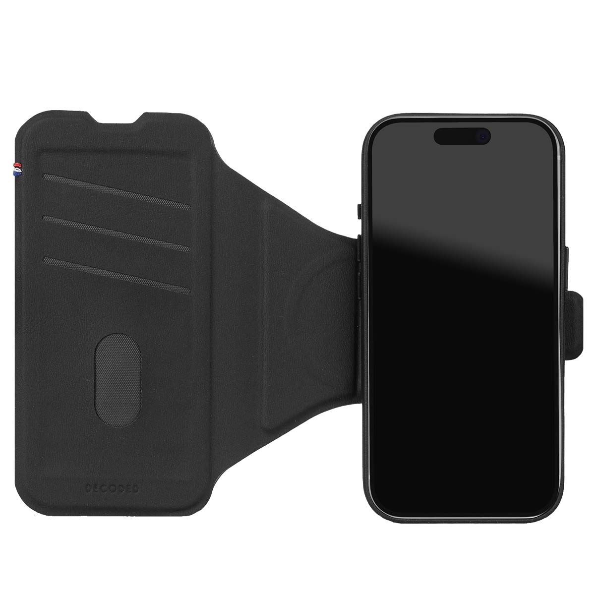 Schwarze Handyhülle mit Telefon. Die Hülle ist offen und zeigt den Bildschirm. Der Markenname 'DECODED' ist sichtbar.