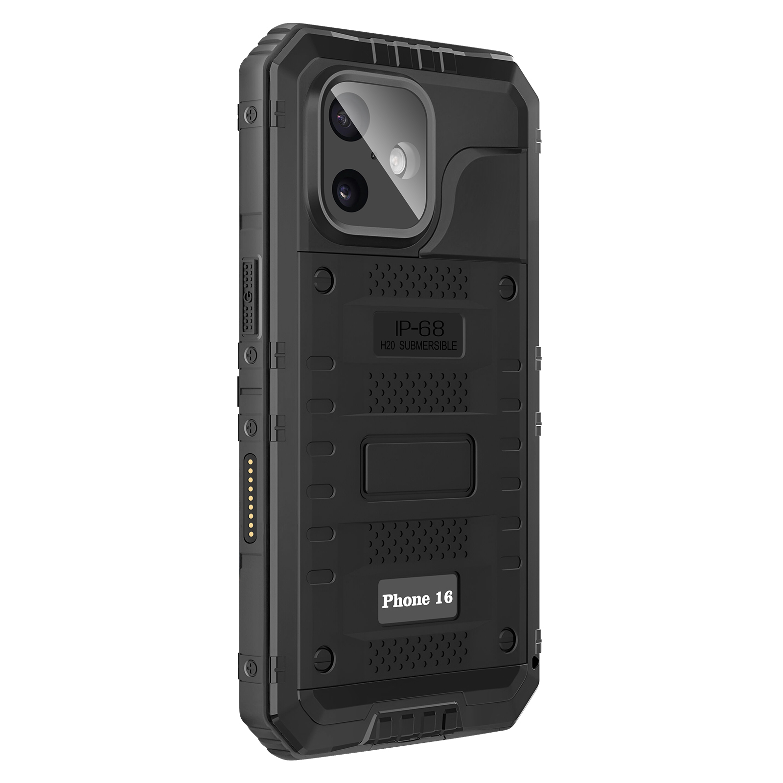 Zwarte, robuuste telefoonhoes met camera, knoppen en tekst: IP-68 H2O Submersible, Phone 16.
