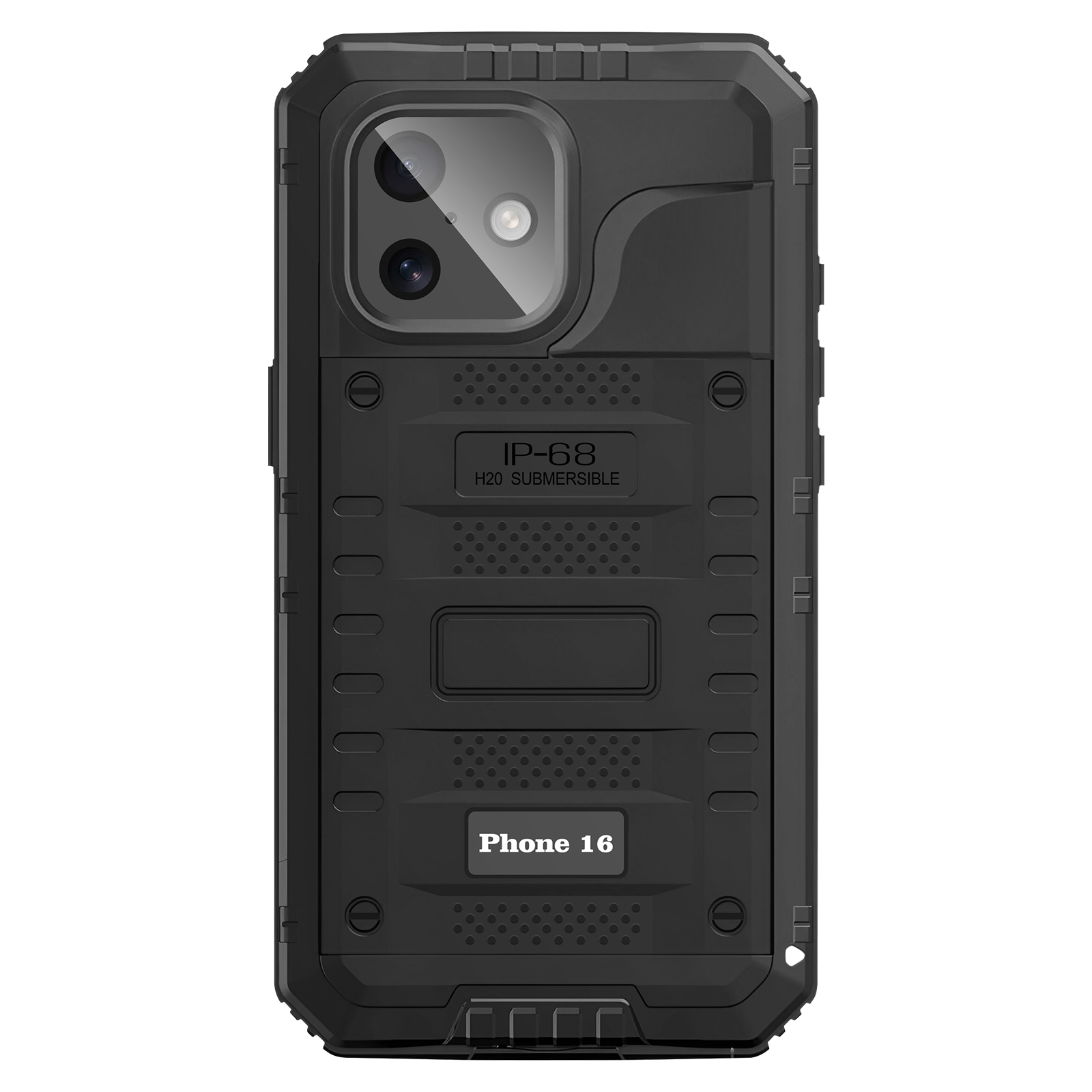 Zwarte telefoonhoes met camera-uitsparing, IP-68 en tekst 'Phone 16'. Robuust ontwerp met meerdere lagen en een getextureerd oppervlak.