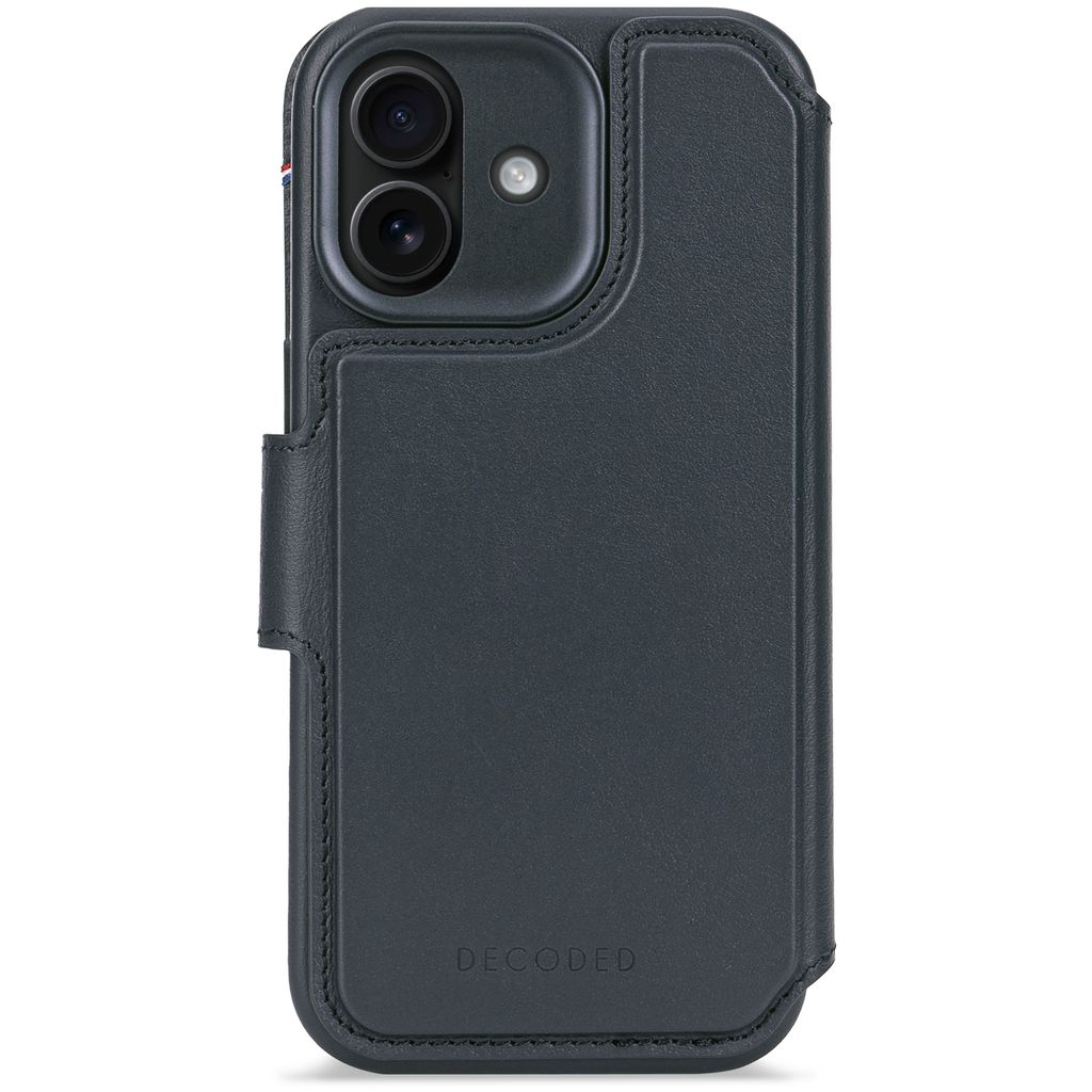 Una custodia per telefono blu scuro. La custodia ha un ritaglio per la fotocamera e la parola DECODED in basso. La custodia è chiusa.