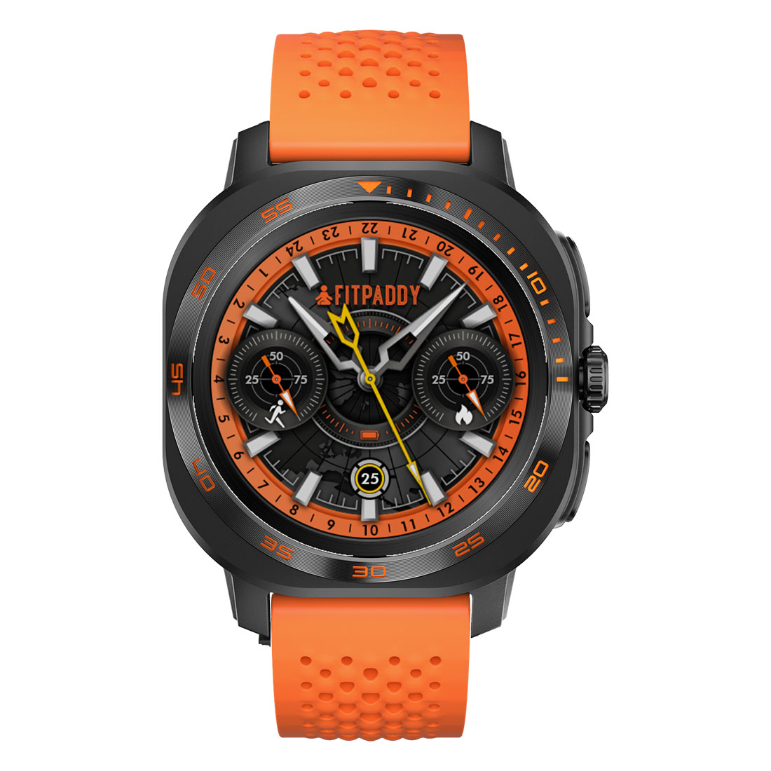Smartwatch nera con cinturini e dettagli arancioni. Il quadrante mostra ora e metriche di fitness, con il marchio 'FITPADDY'.