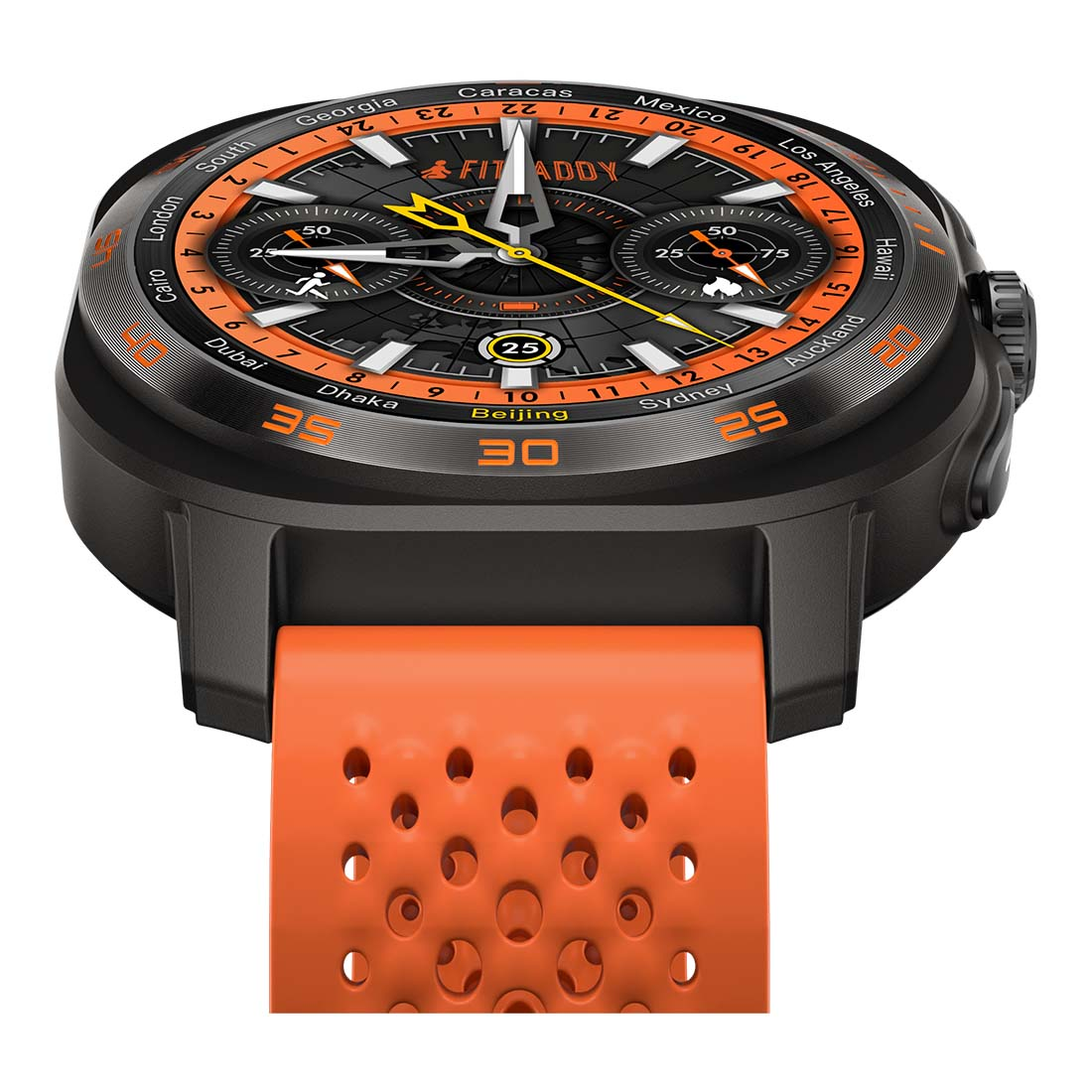Primo piano di uno smartwatch nero con dettagli arancioni, che mostra l'ora e le città del mondo. Cinturino arancione visibile.