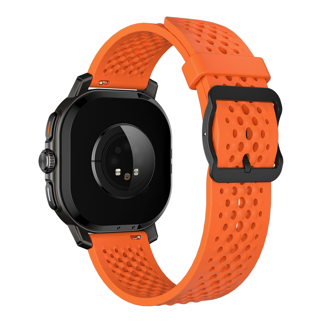 Uno smartwatch arancione con cornice e cinturino neri. Il cinturino è perforato. Il quadrante è nero.