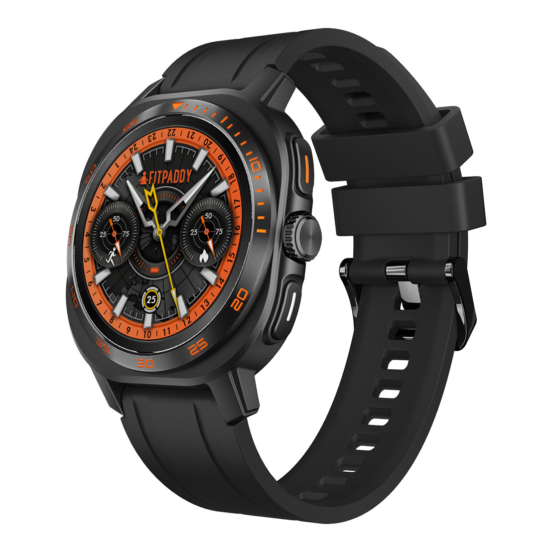 Uno smartwatch Fitpaddy nero con dettagli arancioni. Ha un display digitale, cinturino nero e una chiusura. L'orologio è angolato.