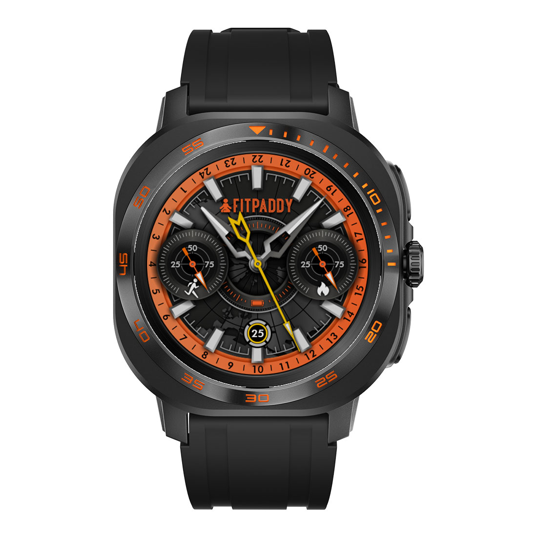Smartwatch Fitpaddy nera con dettagli arancioni. Mostra l'ora, il monitoraggio del fitness e un display digitale.