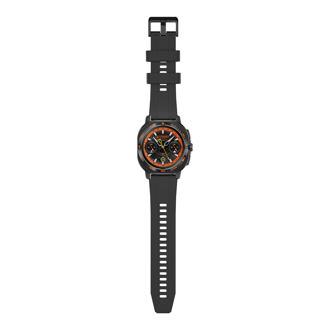 Smartwatch nera con dettagli arancioni. Ha display digitale, cinturino nero e fibbia. L'orologio è centrato su sfondo bianco.