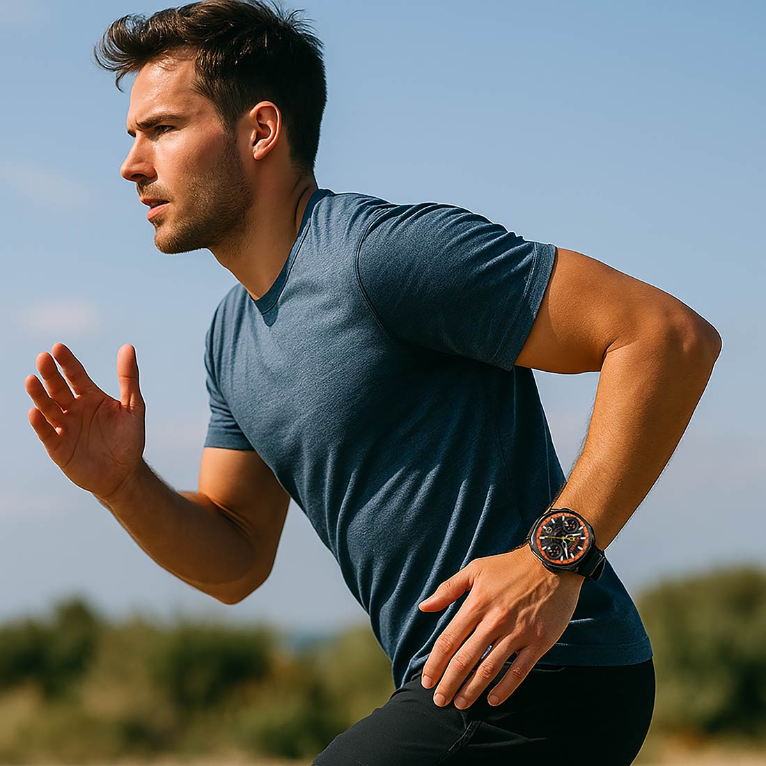 Un uomo corre all'aperto, indossa una camicia blu e uno smartwatch. È in movimento contro un cielo blu, con uno sfondo verde sfocato.