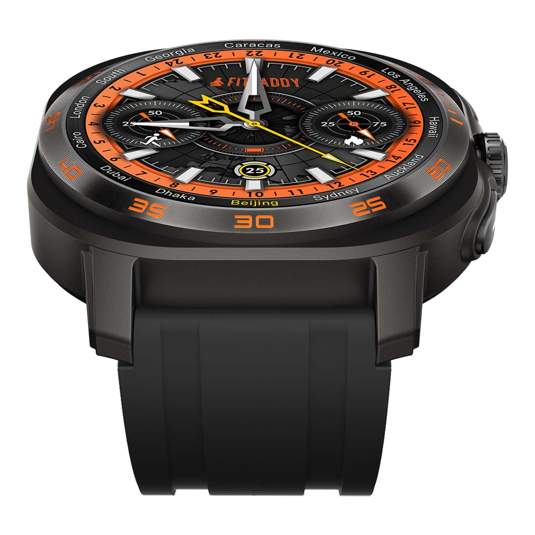 Primo piano di uno smartwatch con cinturino nero. Il quadrante mostra l'ora mondiale e le metriche di fitness.