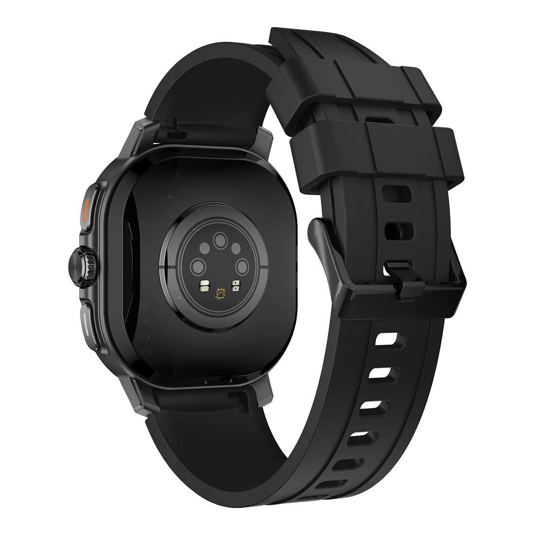 Smartwatch nero con cinturino nero, con sensore di frequenza cardiaca sul retro. L'orologio è angolato, mostrando la chiusura.