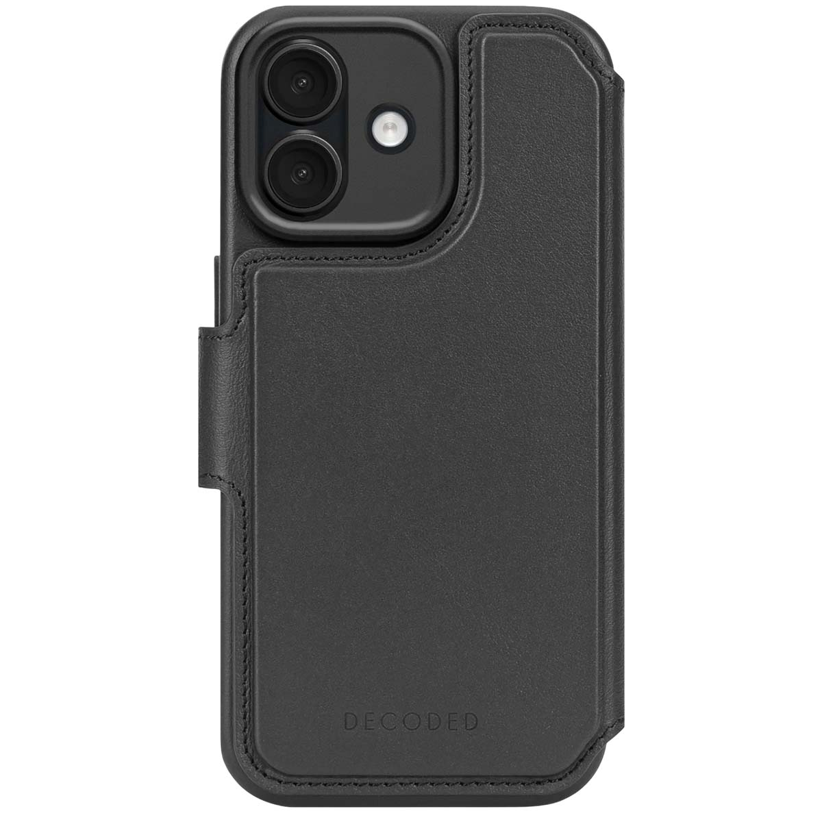 Una custodia nera per telefono con design a portafoglio. Presenta fori per la fotocamera, cuciture e la parola 'DECODED'.