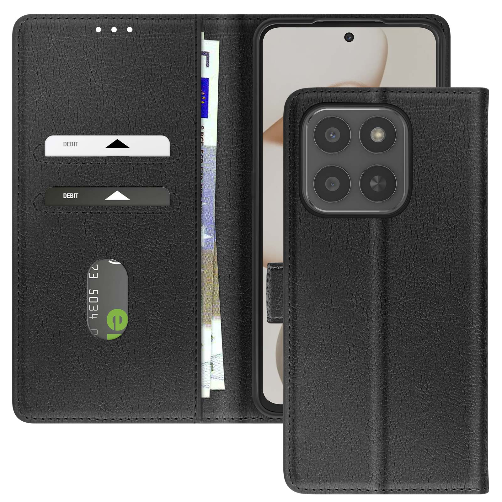 Custodia per telefono in pelle nera con telefono all'interno. Carte e denaro visibili.