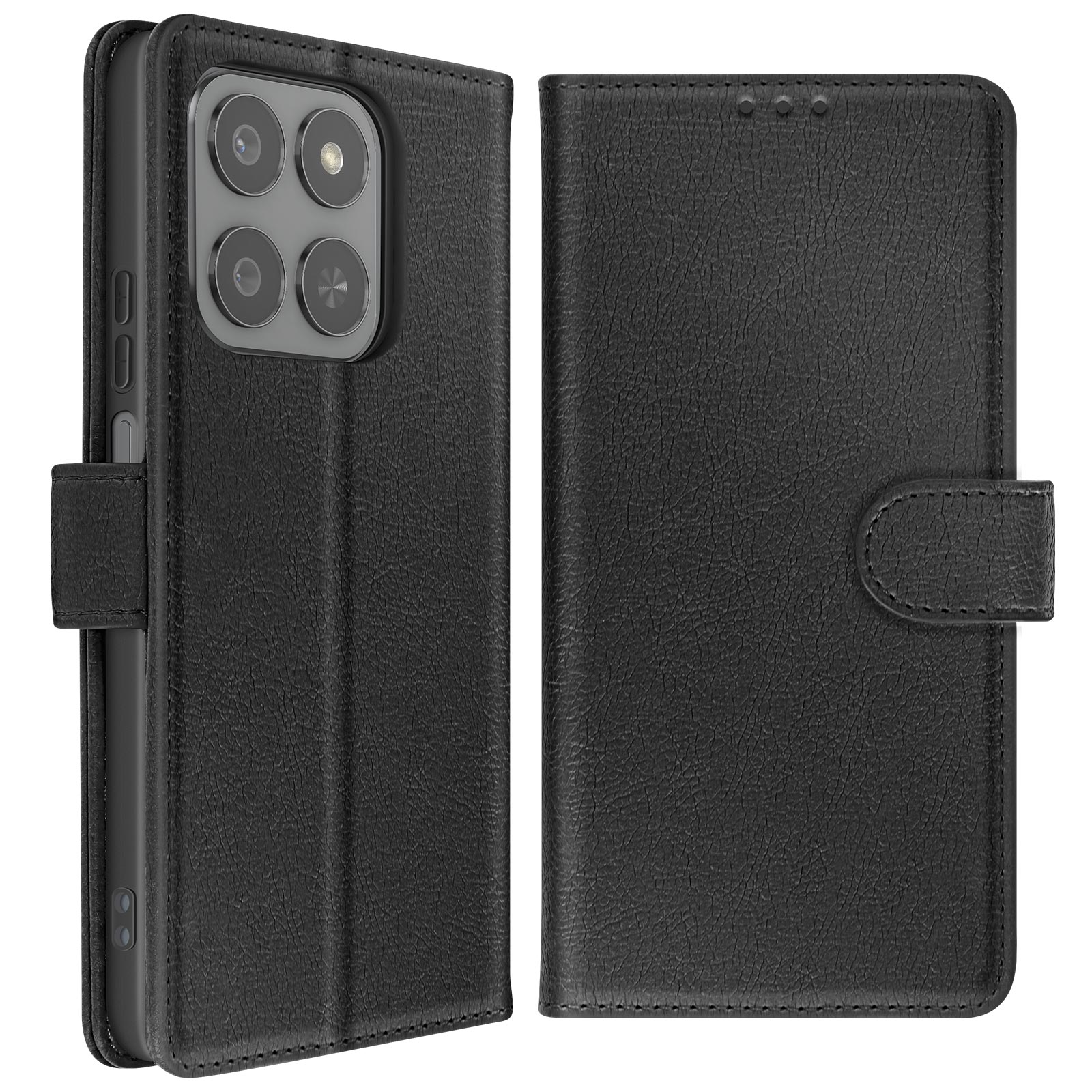 Custodia per telefono in pelle nera, aperta. Mostra il telefono con quattro fotocamere. Il lato destro ha una chiusura.