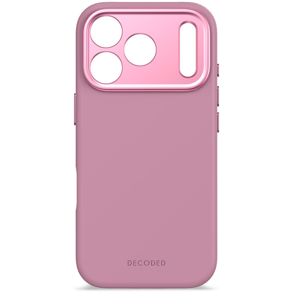 Una custodia rosa per telefono con ritagli per la fotocamera. La parola DECODED è in basso. L'area della fotocamera è rosa chiaro.