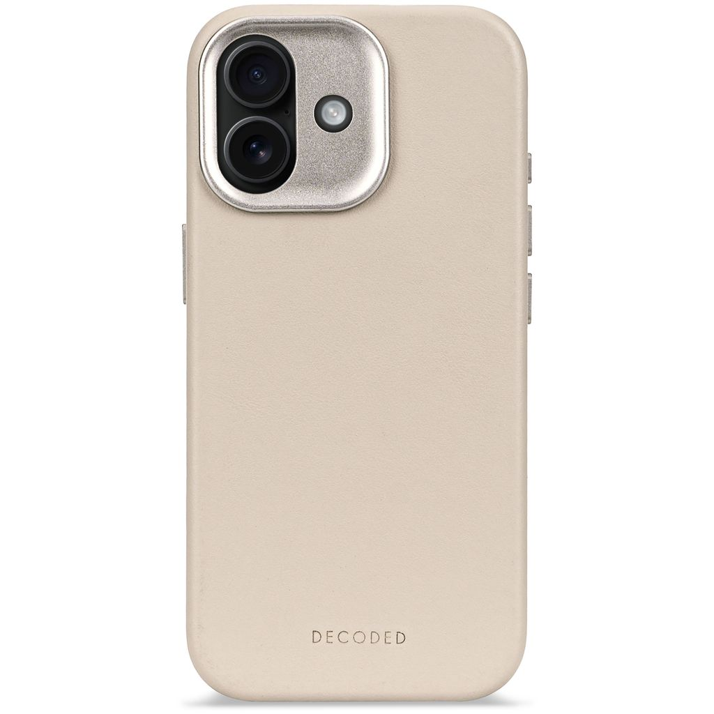 Una custodia beige per telefono con modulo fotocamera argentato. Sulla custodia c'è la scritta 'DECODED'.