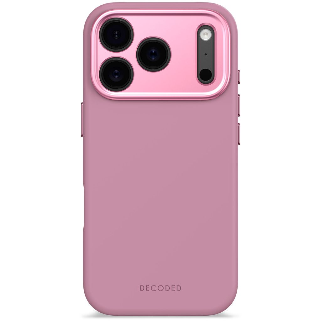 Una custodia rosa per telefono con la parola 'DECODED' in basso. La custodia ha ritagli per la fotocamera in alto.
