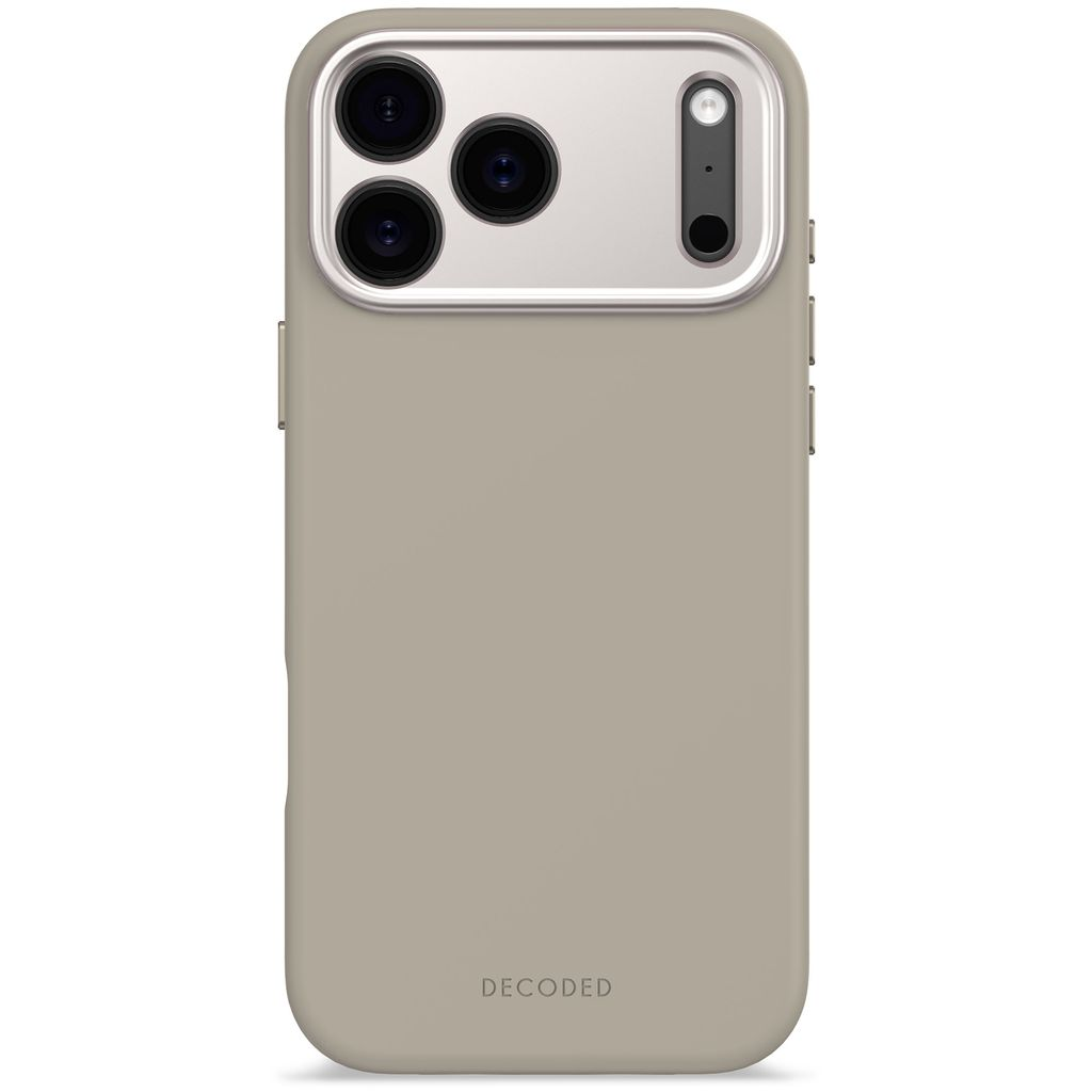 Una custodia beige per telefono con modulo fotocamera. Il marchio 'DECODED' è in basso. La custodia ha un design elegante e moderno.