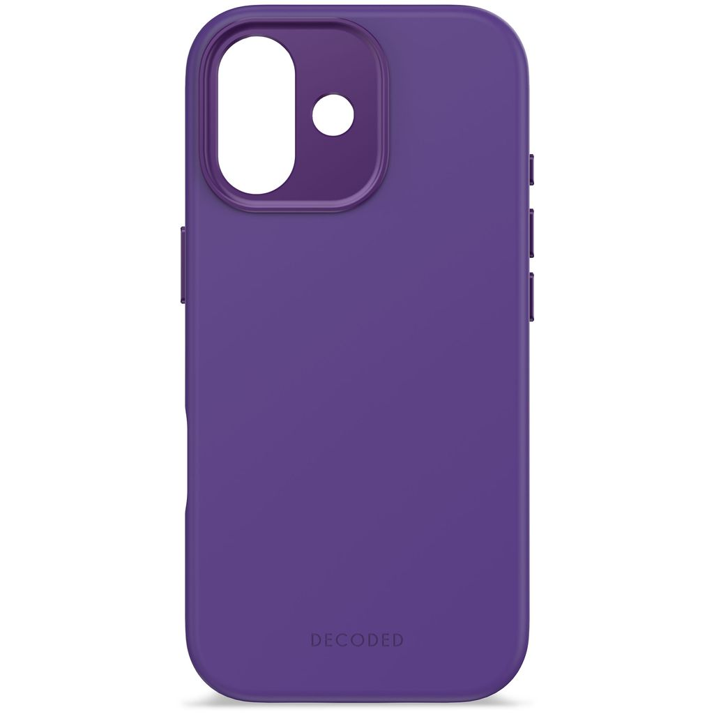 Custodia per telefono viola con ritaglio per fotocamera e marchio 'DECODED'.