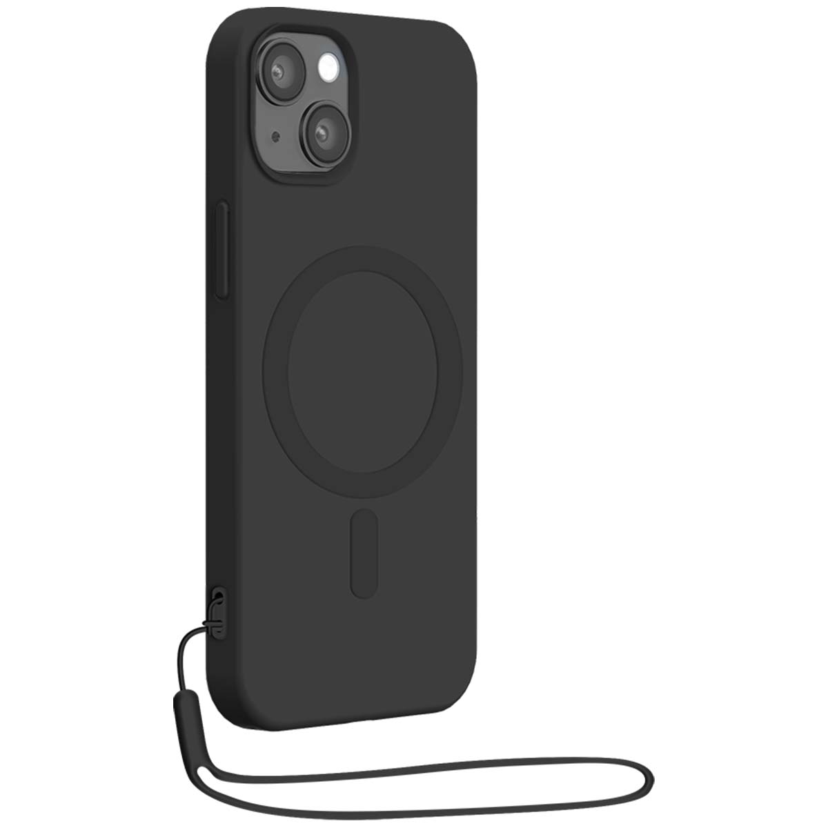 Una custodia nera per telefono con modulo fotocamera, cerchio magnetico e cinturino. Lo sfondo è bianco.