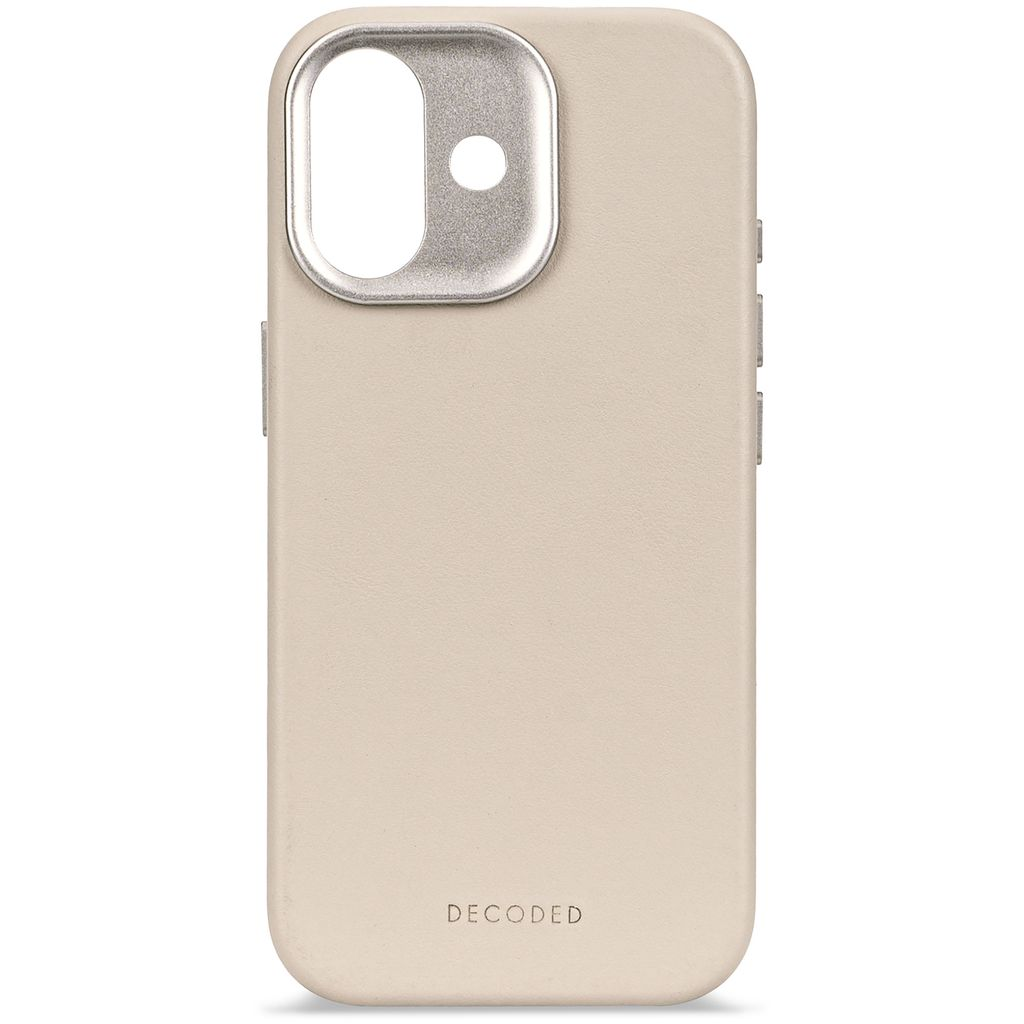 Una custodia beige per telefono con un ritaglio argentato per la fotocamera. La parola 'DECODED' è in basso. Ha pulsanti del volume.