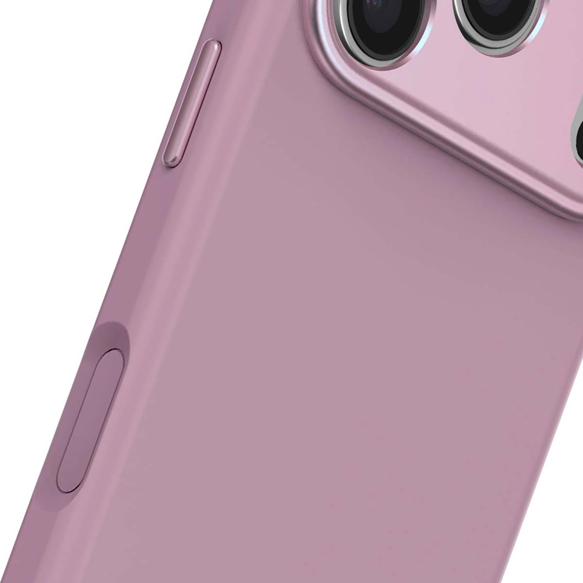 Primo piano di un telefono lilla. Sono visibili lenti della fotocamera, un pulsante di accensione e un pulsante del volume. Lo sfondo è bianco.