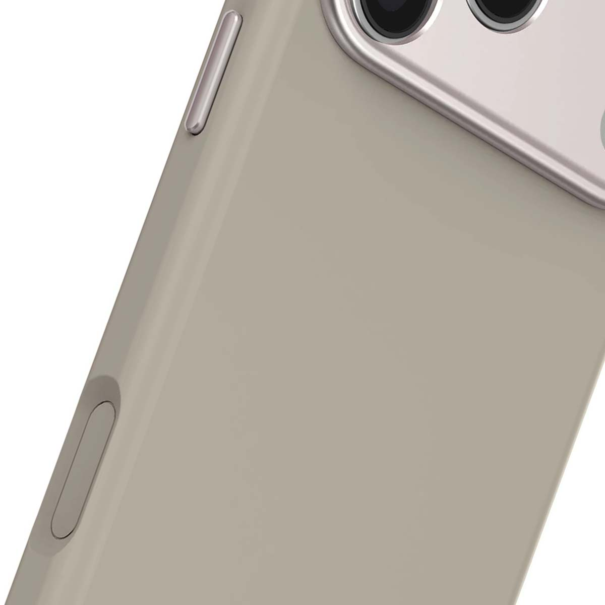 Primo piano di uno smartphone. Il telefono è beige chiaro e ha un array di fotocamere. I pulsanti sono visibili sul lato.