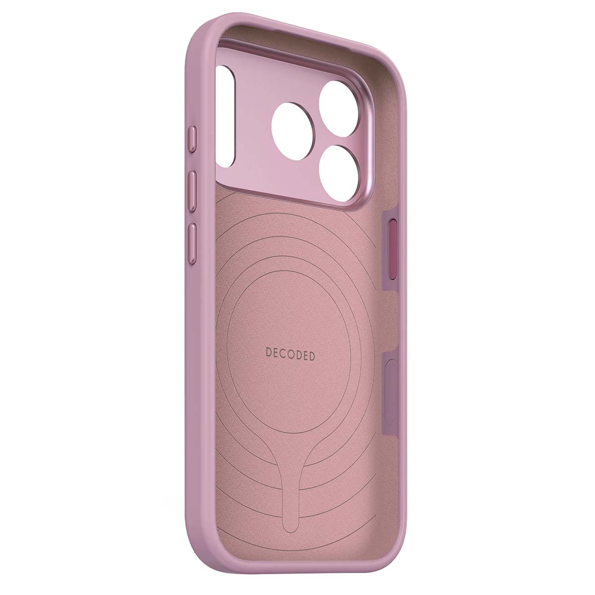 Una custodia rosa per telefono con fori per fotocamera e pulsanti. L'interno è rosa chiaro con la scritta 'DECODED'.