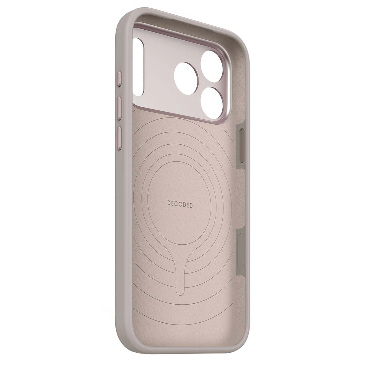 È mostrata una custodia per telefono, con guscio esterno grigio e interno rosa. La custodia ha aperture per la fotocamera e i pulsanti, con la scritta DECODED.